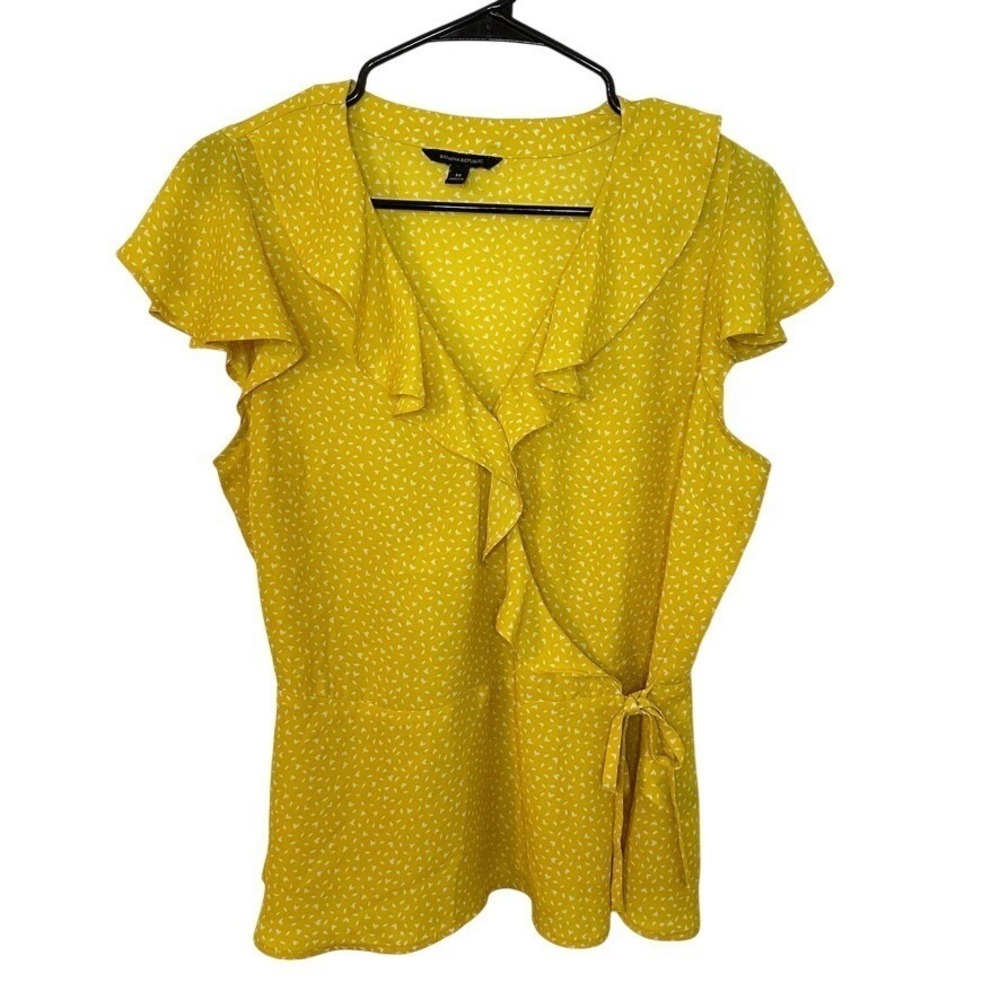 Banana Republic Womens Mustard Yellow Ruffle Wrap Blouse Flutter Sleeve Size M
